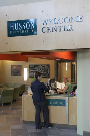 The admissions lobby area at Husson University