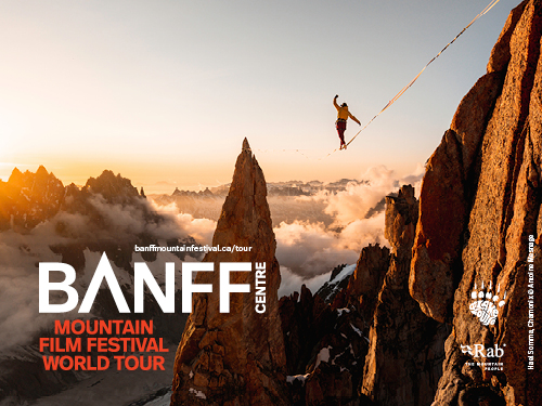 A promotional image for the Banff Centre Mountain Film Festival World Tour includes the title of the event and a landscape image.
