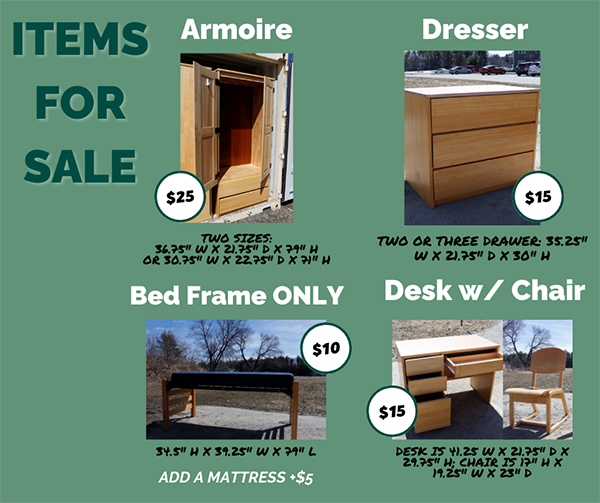 This is a promotional image with a green background that shows photos of the four pieces of furniture available for sale as well as the dimensions and prices.