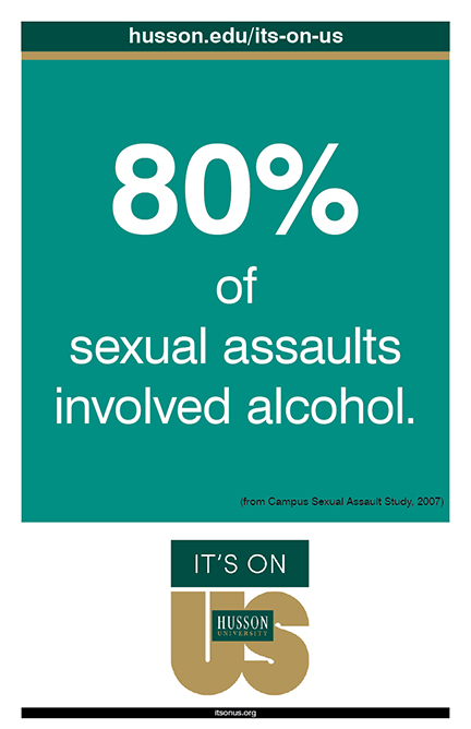 Poster: 80% of sexual assaults involved alcohol. Campus Sexual Assault Study, 2007.