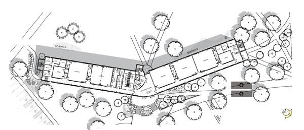 An architectural drawing showing the building orientation on campus.