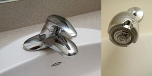 A picture of both the shower head and faucets.