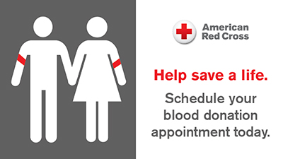 American Red Cross graphic with a man and woman holding hands on the left and "help save a life - schedule your blood donation appointment today" on the right