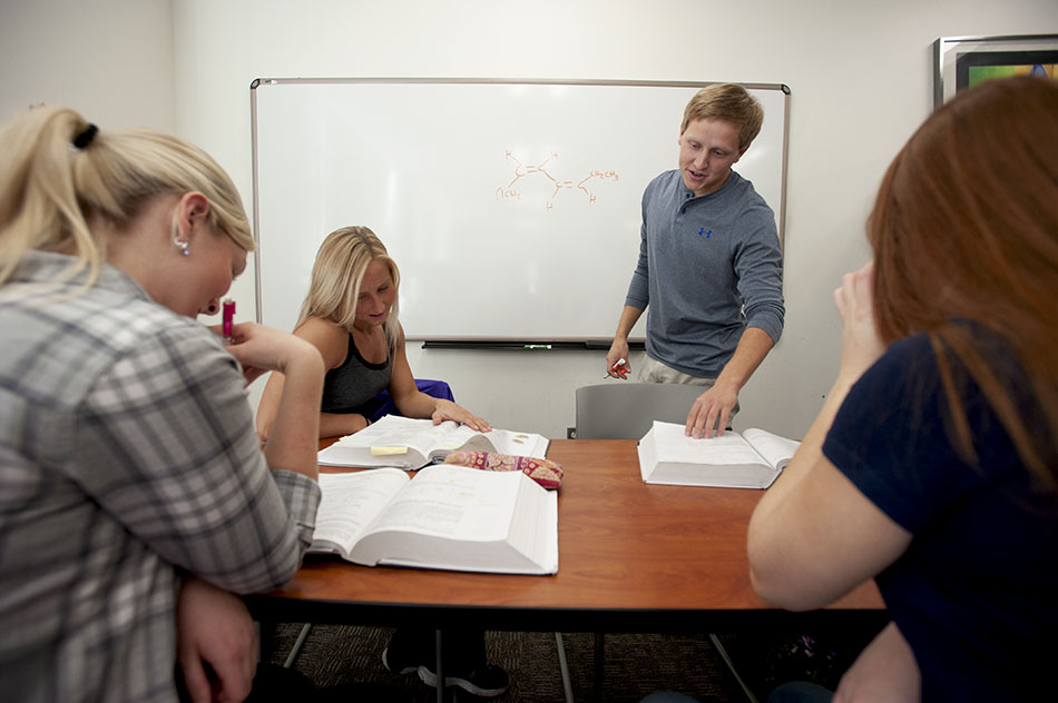 Peer mentors work with students on biology homework