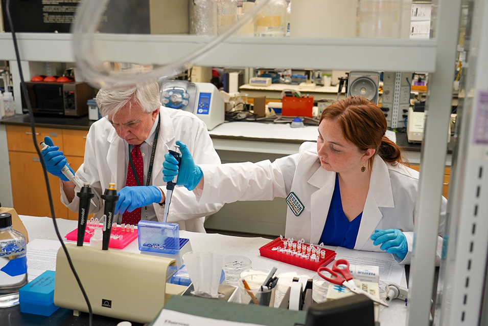 A pharmacy student works with a faculty member in a research lab
