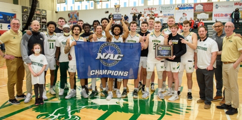 Basketball team picture after winning the North Atlantic Conference Championship game