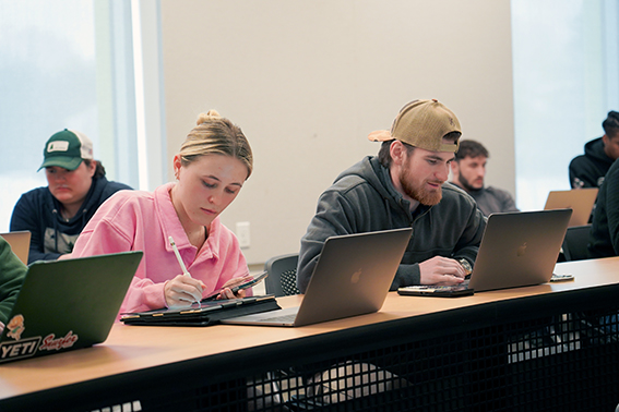 Students work in Harold Alfond Hall during an accounting class