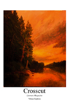 The cover of the 2010 Crosscut Literary Magazine is a painting of a sunset on a stream with trees and rocks.