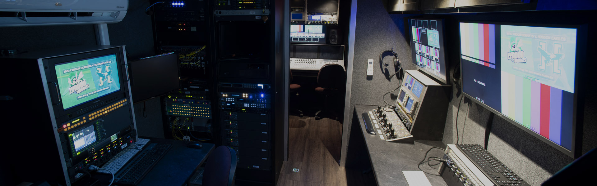 An interior view of the New England School of Communications mobil production trailer