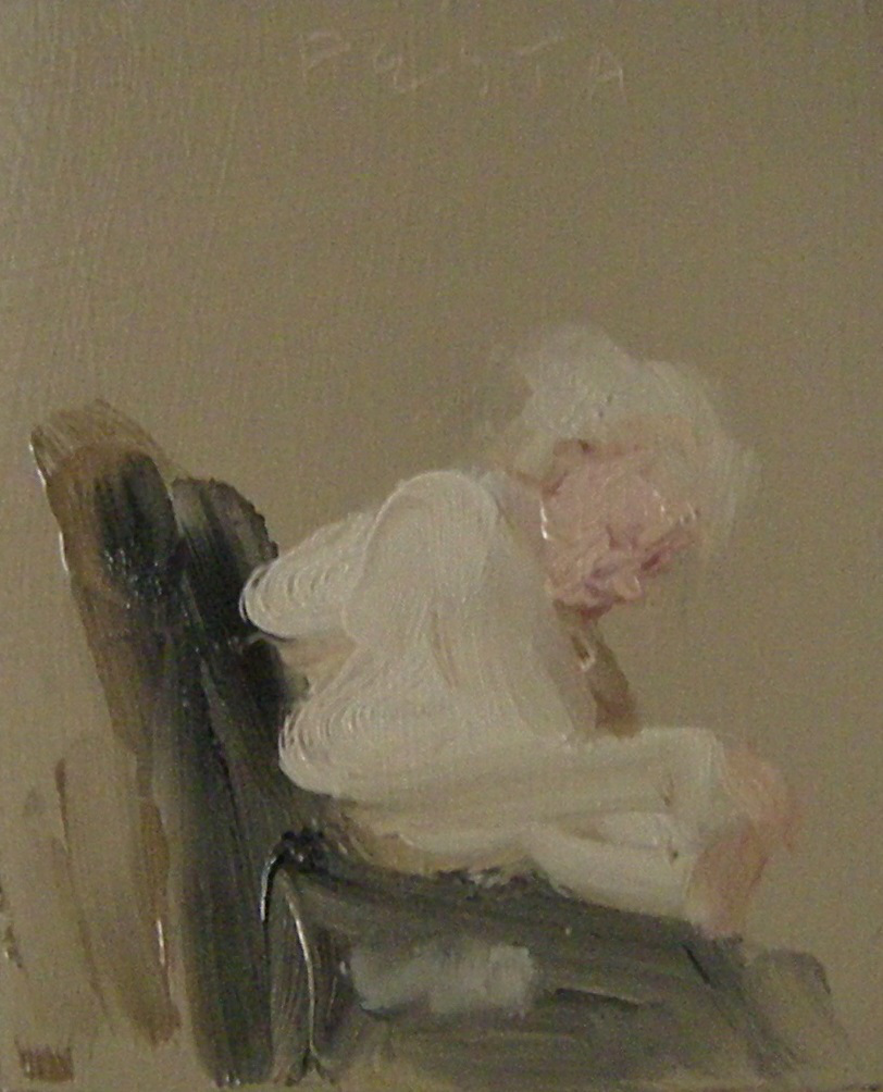 A painting of an elderly woman sleeping in chair.