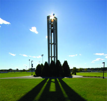 The bell tower on the campus of husson University