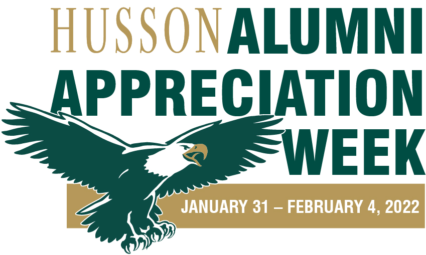 Husson Eagle on informational banner about Alumni Appreciation Week