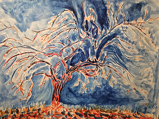 Artwork depicting a tree in blues, reds and oranges is shown in this image.