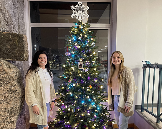 An evergreen tree with blue and white lights is shown with two women standing beside it.