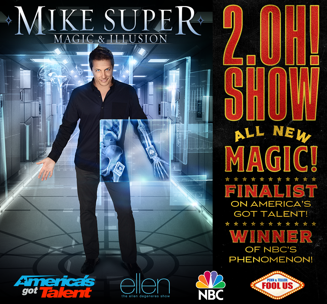 A promotional image for illusionist Mike Super is shown.