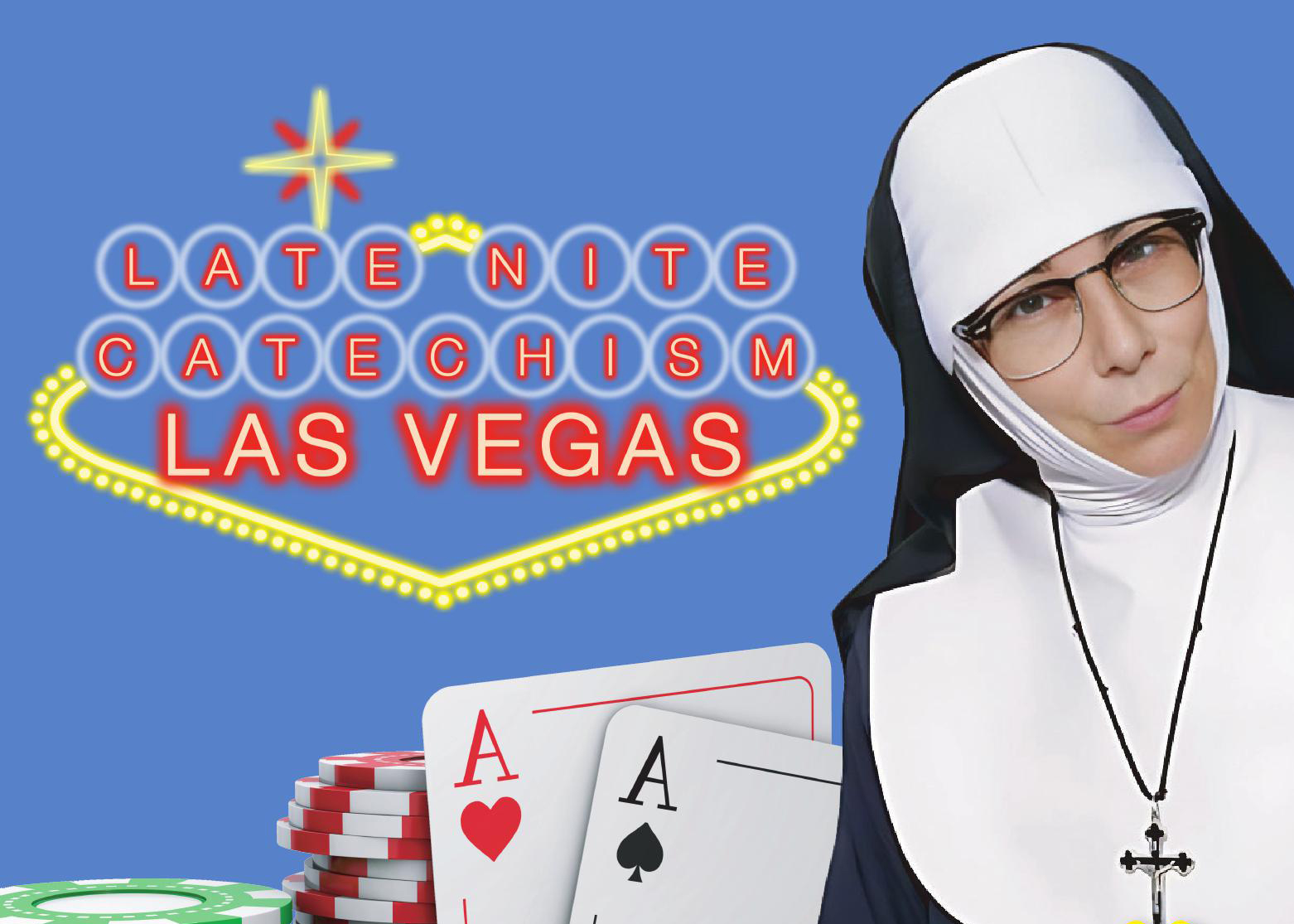 A woman wearing a black and white habit looks at the camera in this promotional photo with words on it.