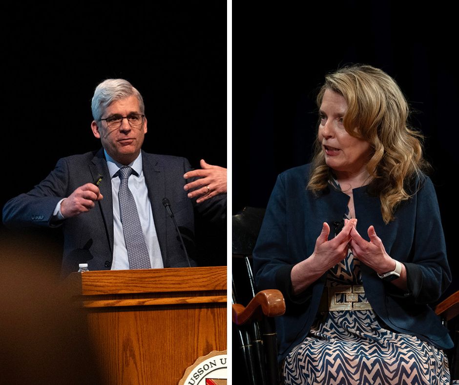 This is a collage of two photos — a man speaks at a podium and a woman is seated speaking. Both are gesturing with their hands.
