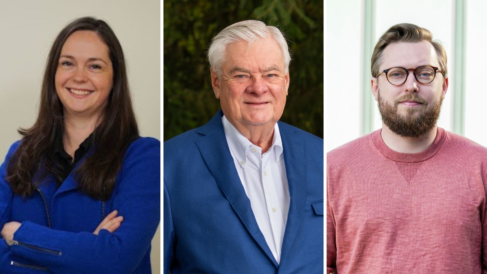 This graphic shows three headshots — a woman with brown hair, a man with grey hair and a man with light brown hair.