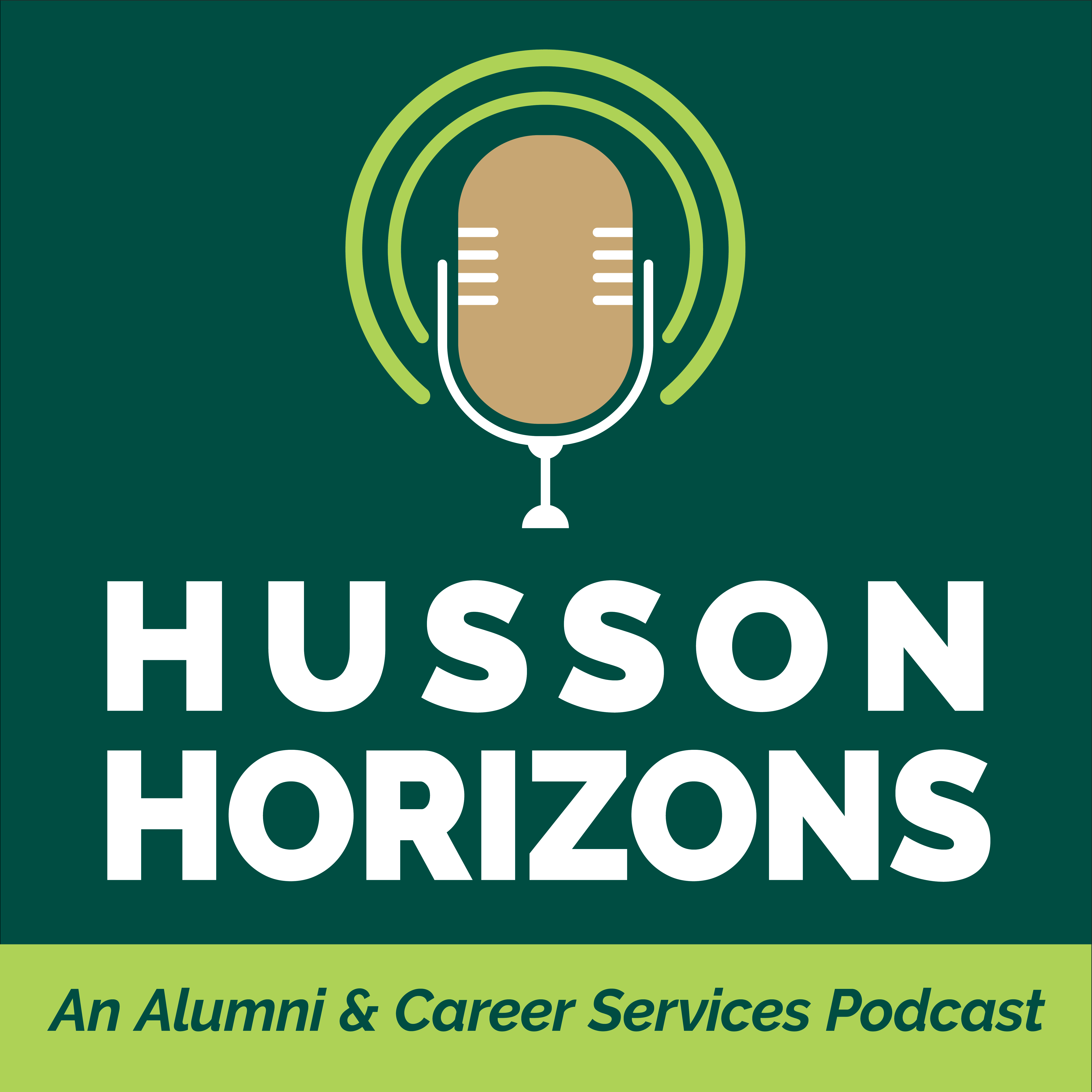A logo for the Husson Horizons podcast is shown. It is green and gold in color.
