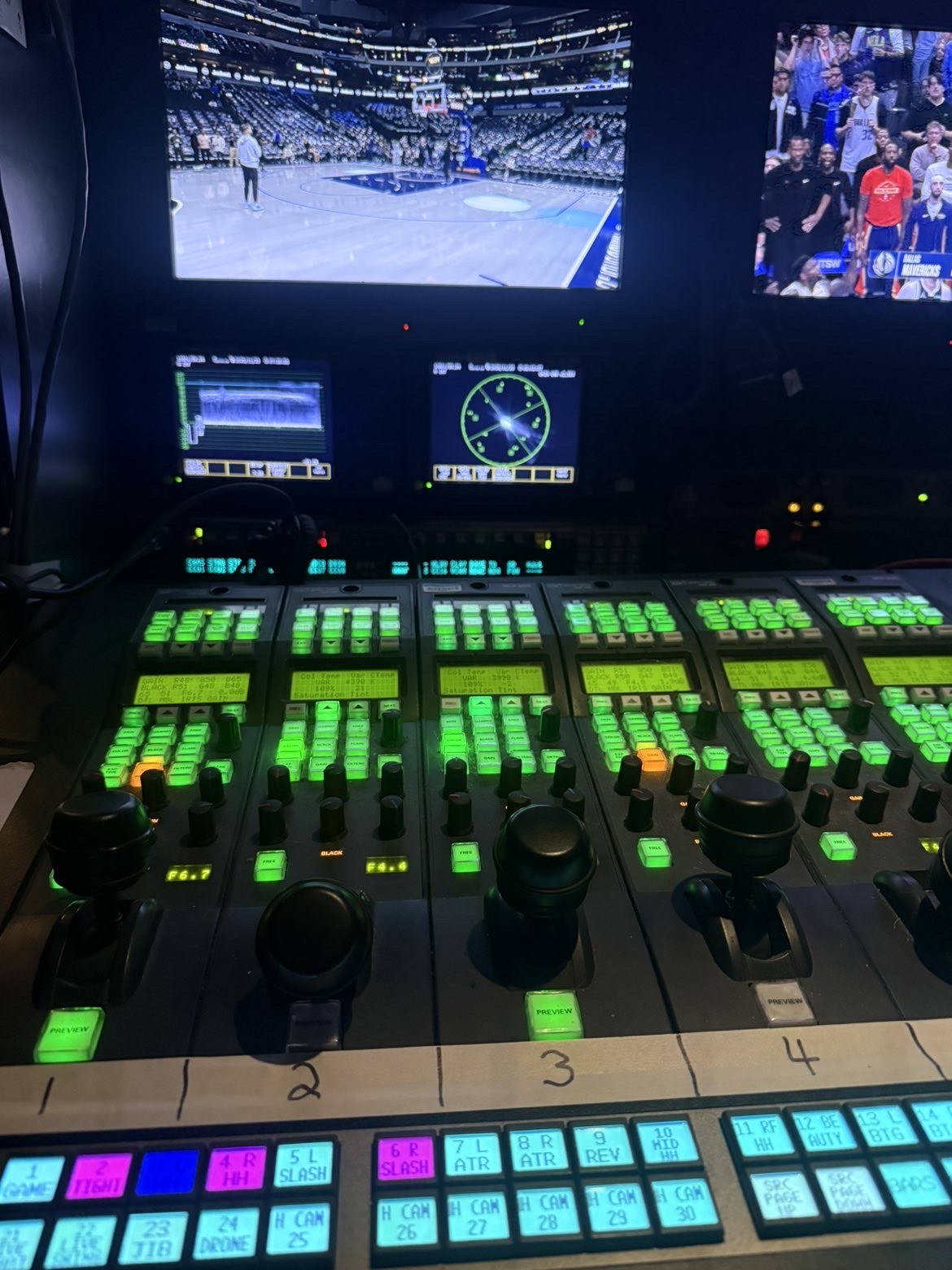 A lit up audio board is shown with levers and knobs.