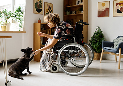 A dog sits with her owner