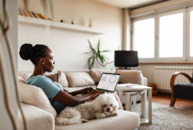 woman sitting in a chair while working on a laptop computer