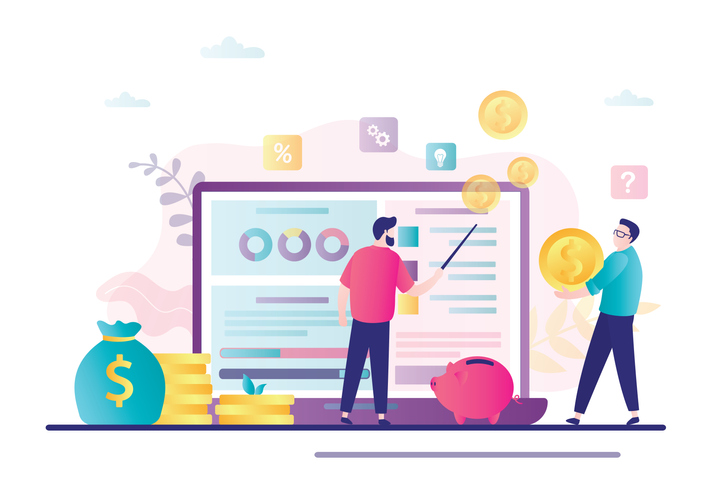 Animation of two financial planners looking at charts.