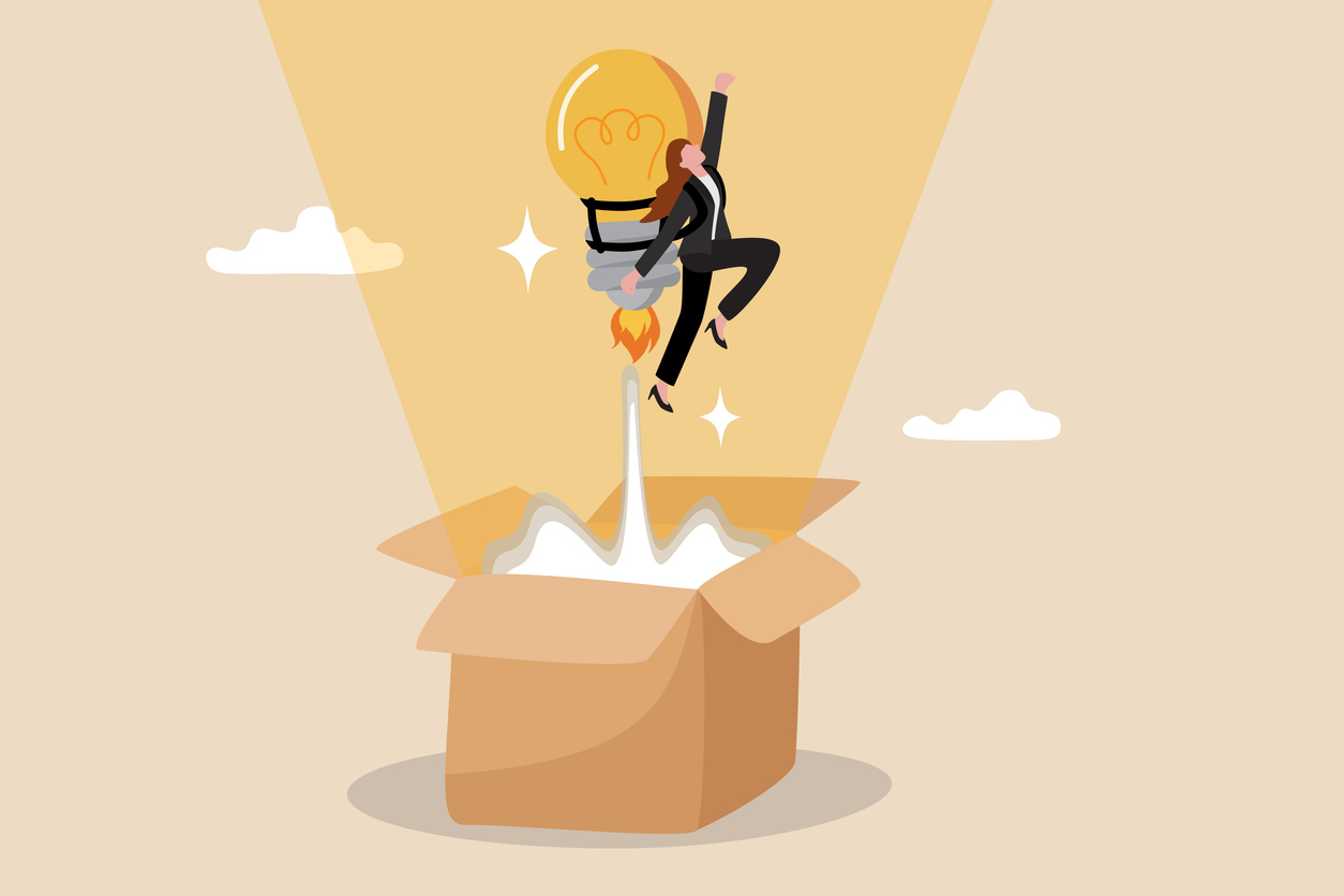 Animation of a business woman flying outside of a box with a jetpack and light bulb on her back.