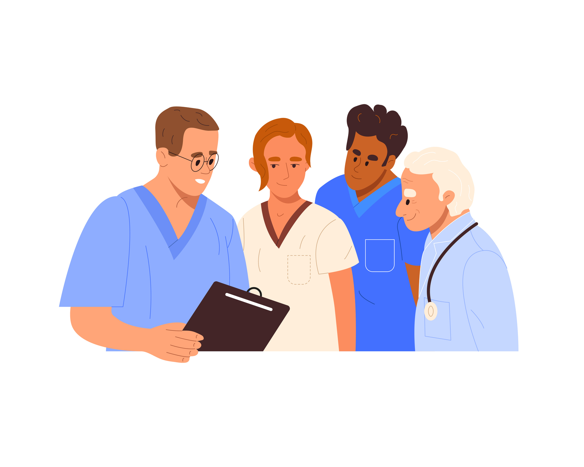 Illustration of four doctors and nurses standing next to each other.