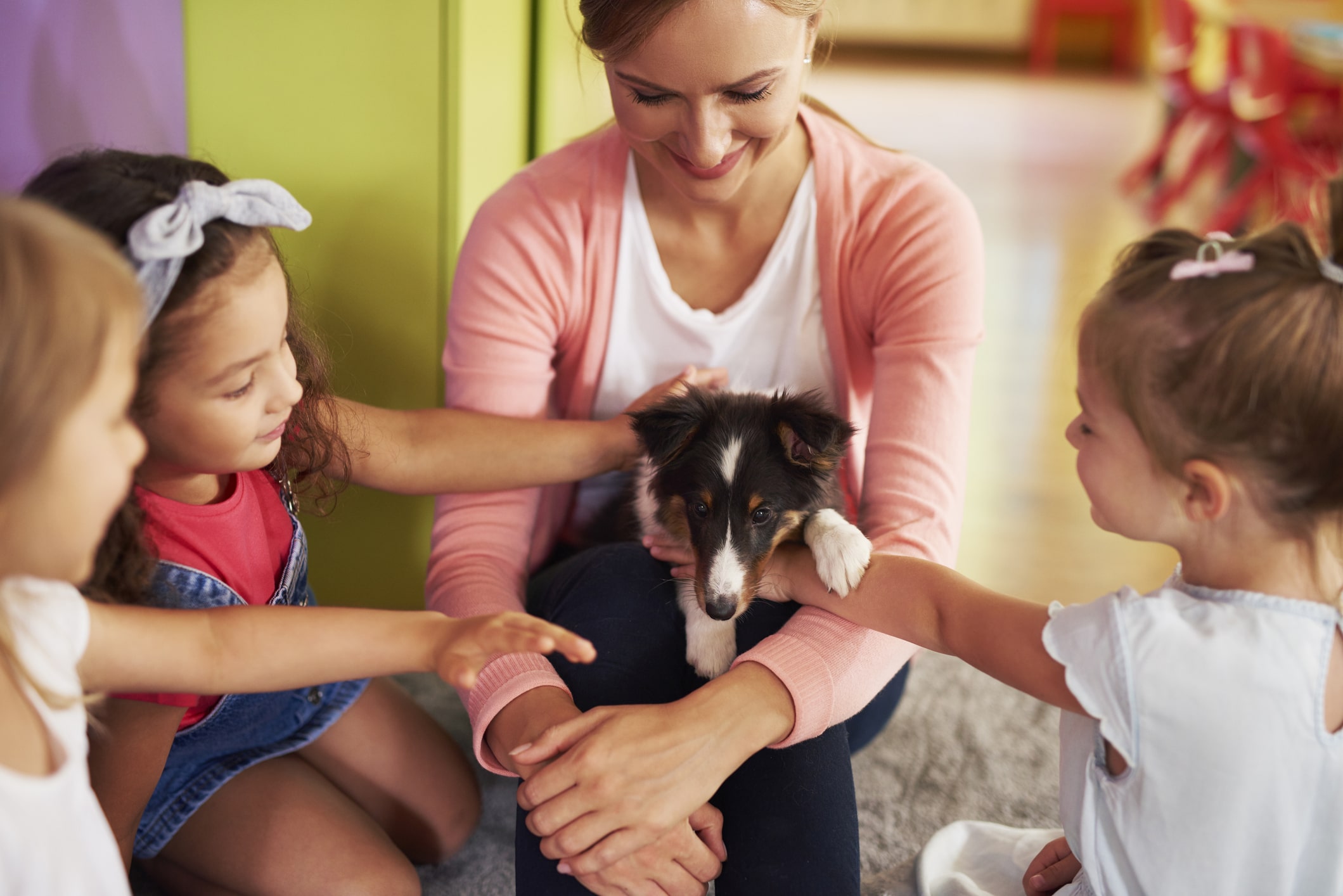 Kids pet dog being held by teacher.