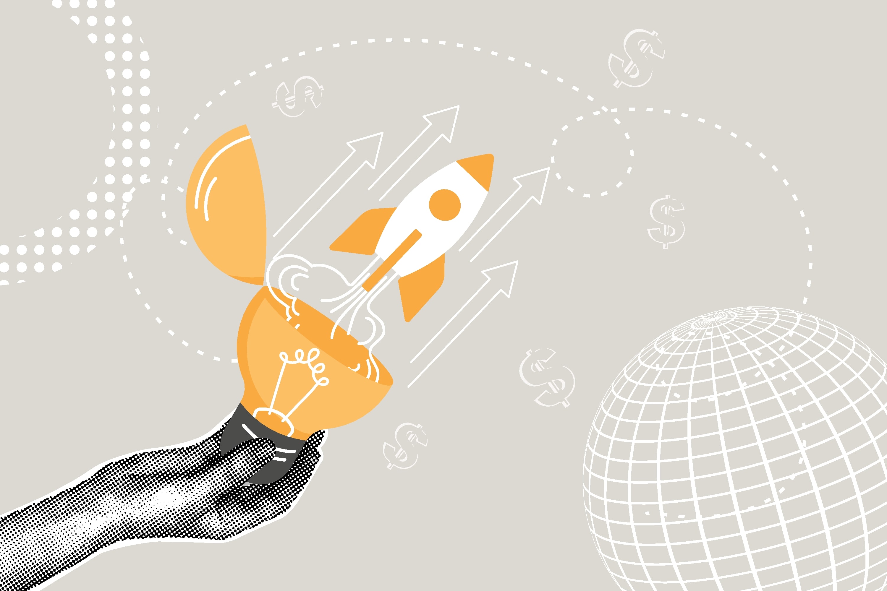 Animated image of a rocket launching out of a light bulb.