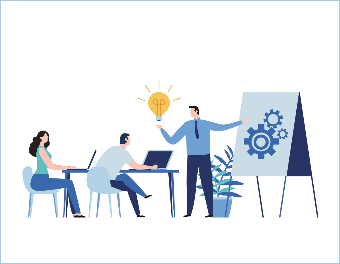 Animation of someone training or teaching two students or workers while pointing to a sign.