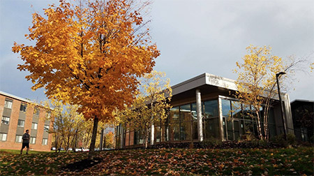 Students walking up stairs to the Dickerman Dining Center