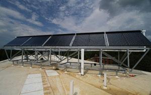 A picture of the solar panels located on the roof of the Living Learning Center